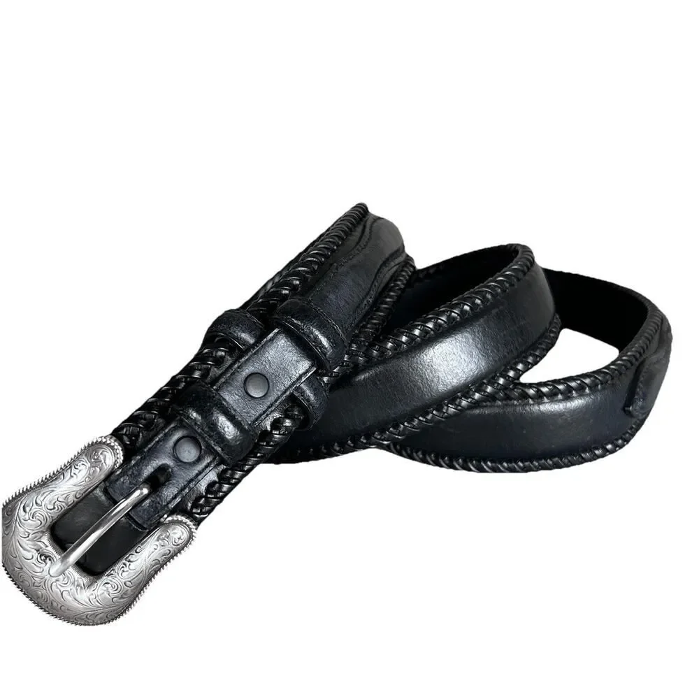 Vintage Men’s Belt Western Style Genuine Leather Black Size 49/100 7096-001